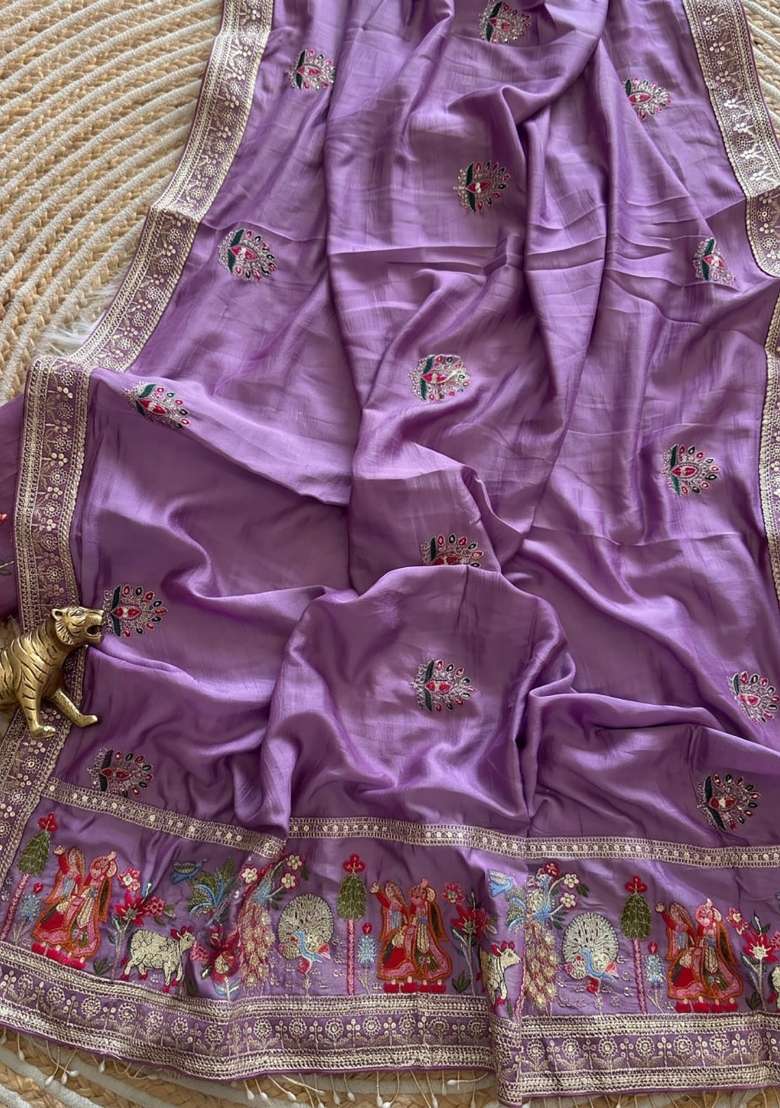 Lavender Floral Print Silk Saree Set - Indya