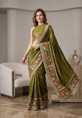 Olive Green Floral Print Silk Saree Set
