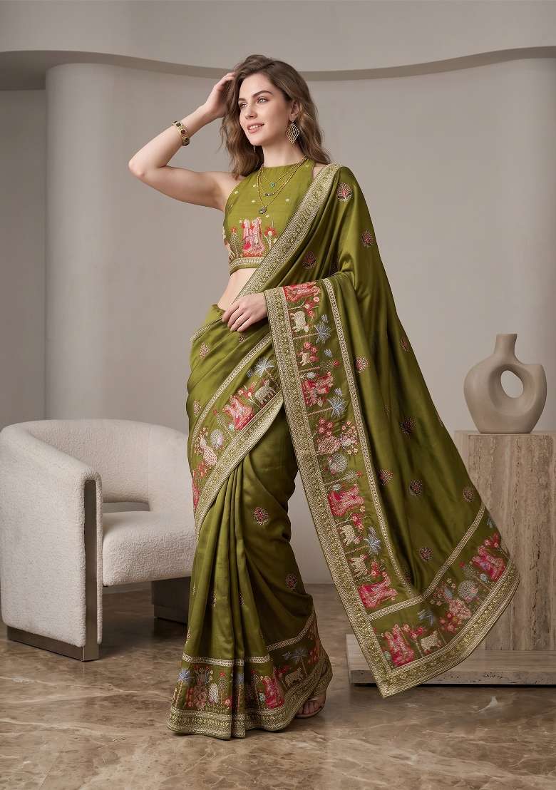 Olive Green Floral Print Silk Saree Set - Indya
