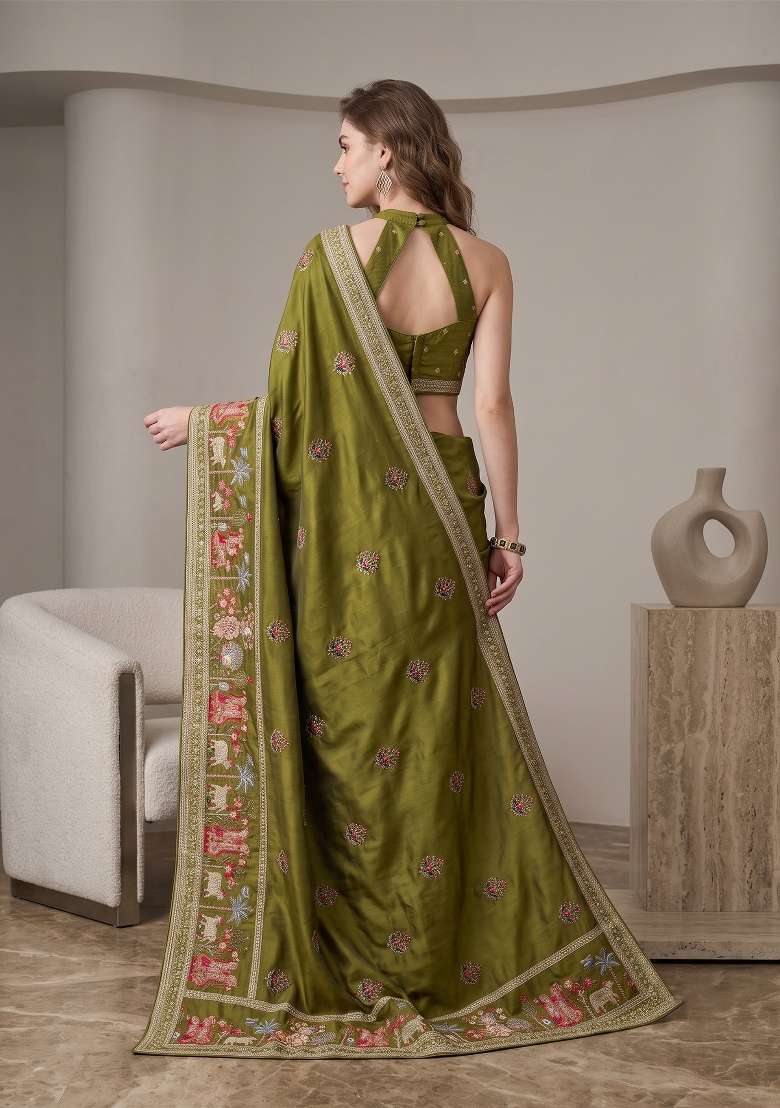 Olive Green Floral Print Silk Saree Set - Indya