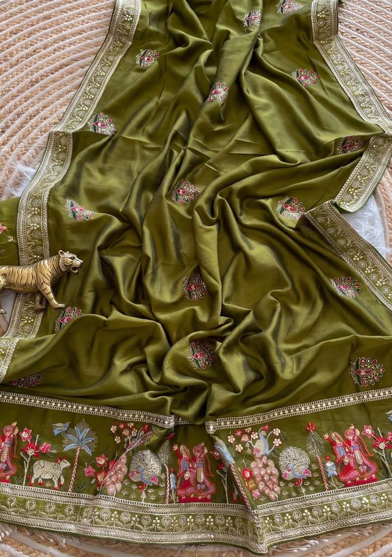 Olive Green Floral Print Silk Saree Set - Indya