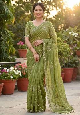 Olive Green Floral Print Silk Saree Set