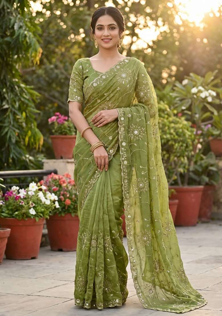 Olive Green Floral Print Silk Saree Set - Indya