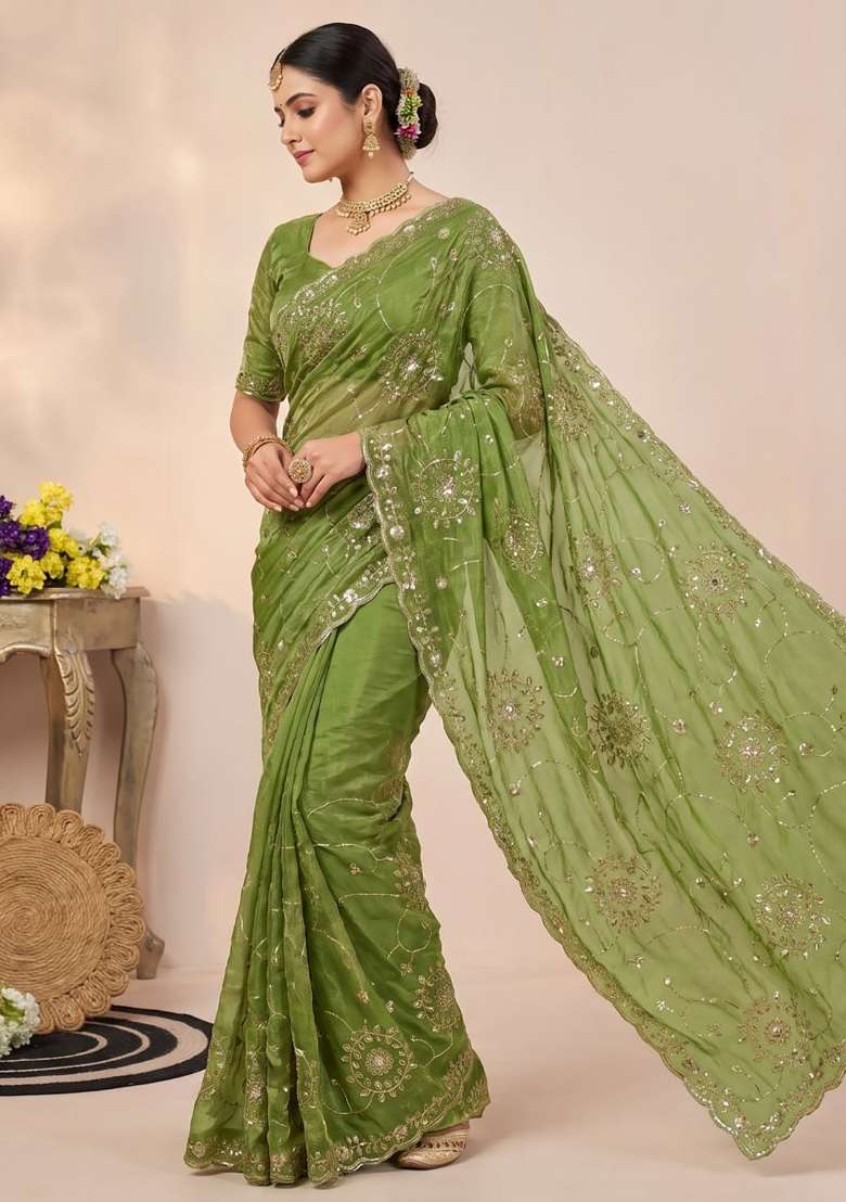 Olive Green Floral Print Silk Saree Set - Indya