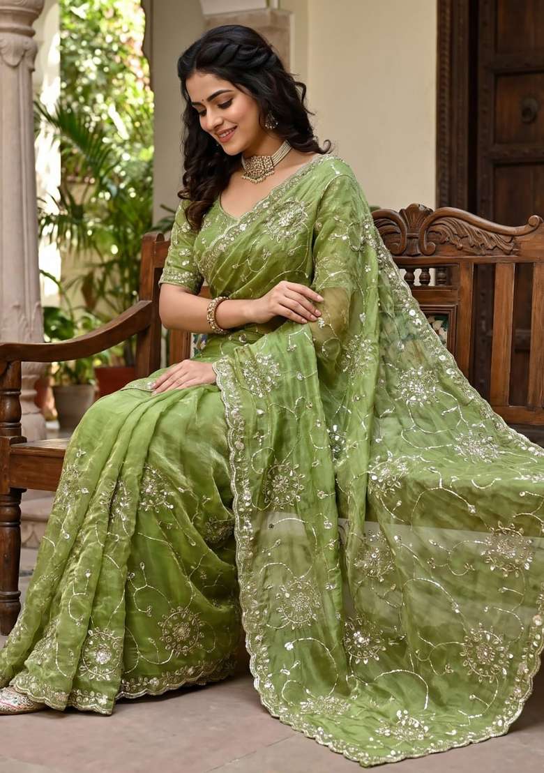Olive Green Floral Print Silk Saree Set - Indya