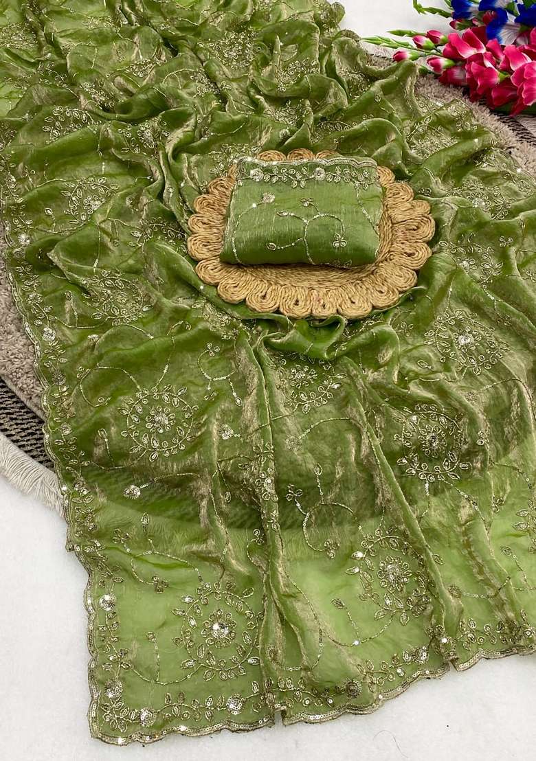 Olive Green Floral Print Silk Saree Set - Indya