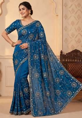 Peacock Blue Floral Print Silk Saree Set