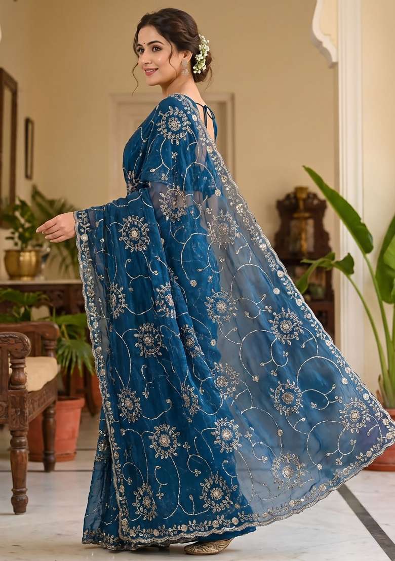 Peacock Blue Floral Print Silk Saree Set - Indya