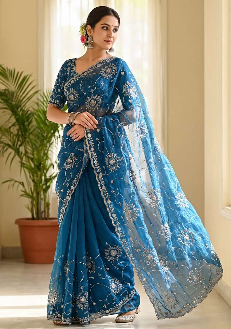 Peacock Blue Floral Print Silk Saree Set - Indya