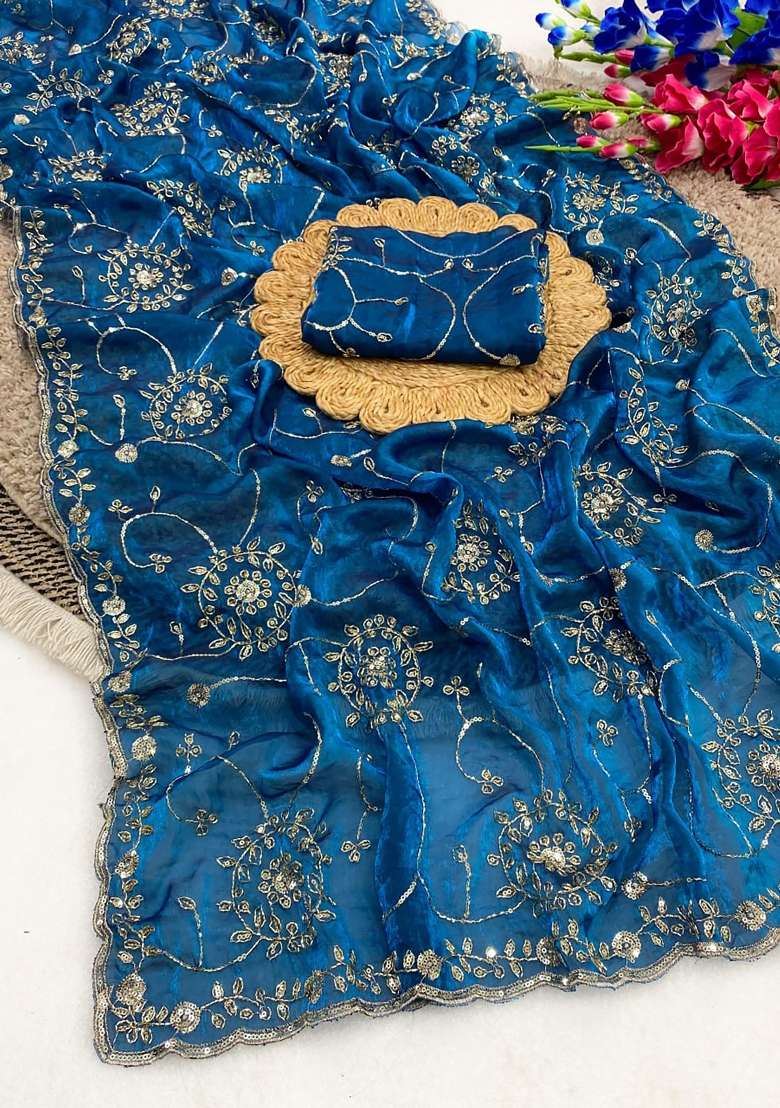 Peacock Blue Floral Print Silk Saree Set - Indya