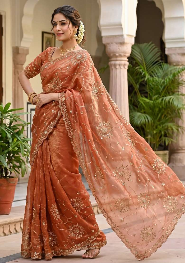 Orange Floral Print Silk Saree Set - Indya