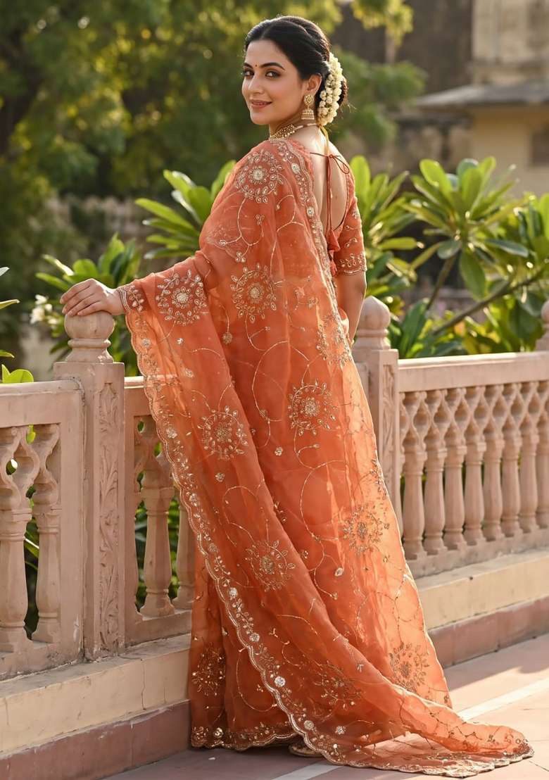 Orange Floral Print Silk Saree Set - Indya