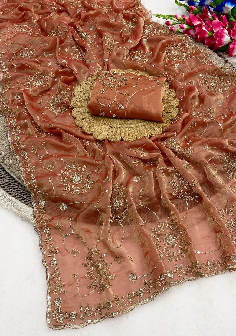 Orange Floral Print Silk Saree Set - Indya
