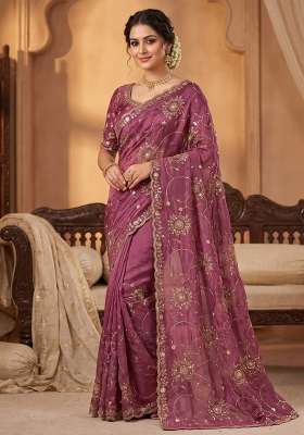 Purple Floral Print Silk Saree Set