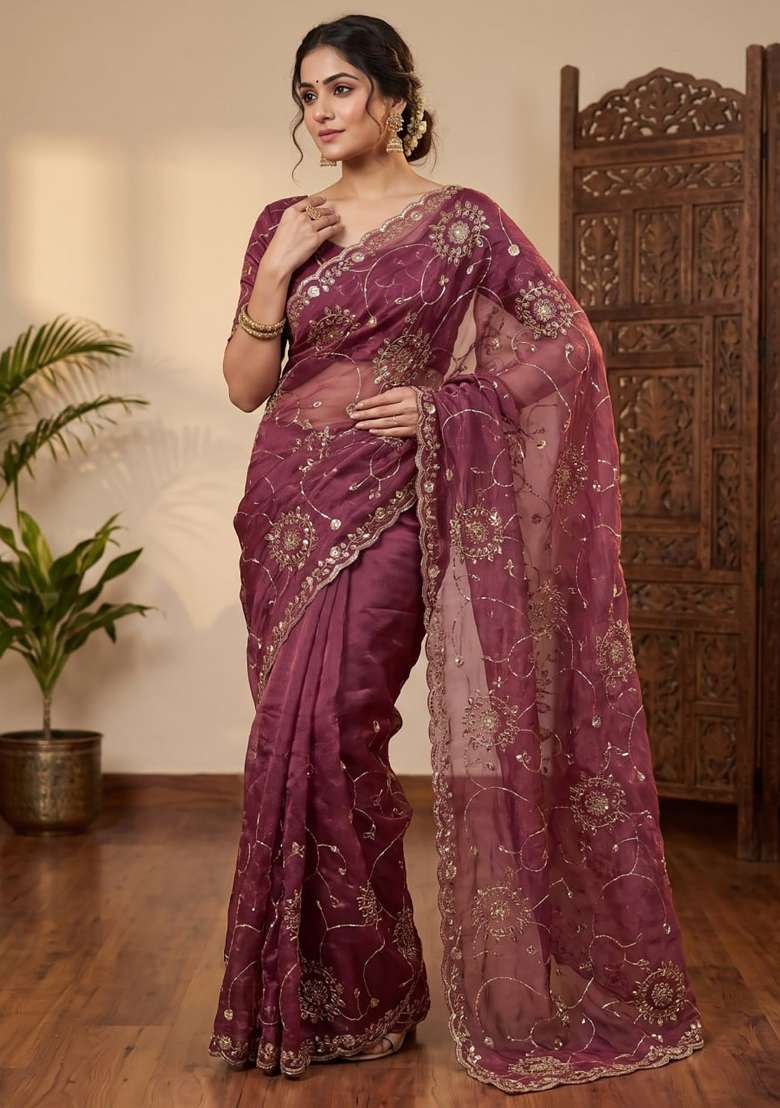 Purple Floral Print Silk Saree Set - Indya