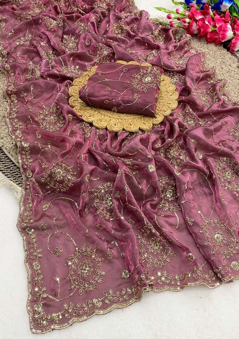 Purple Floral Print Silk Saree Set - Indya