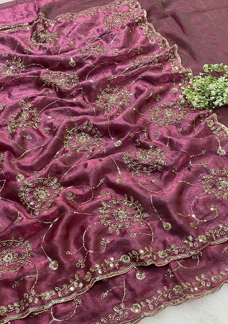 Purple Floral Print Silk Saree Set - Indya