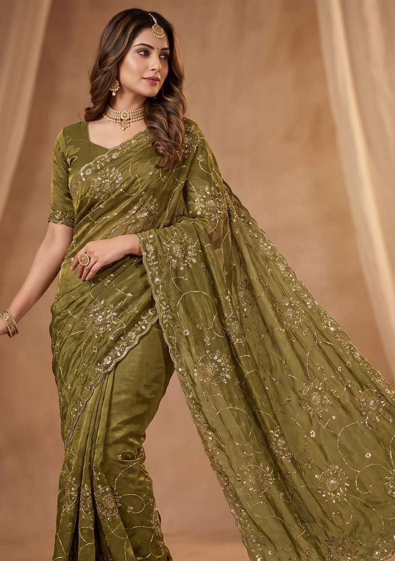 Mehendi Green Floral Print Silk Saree Set - Indya