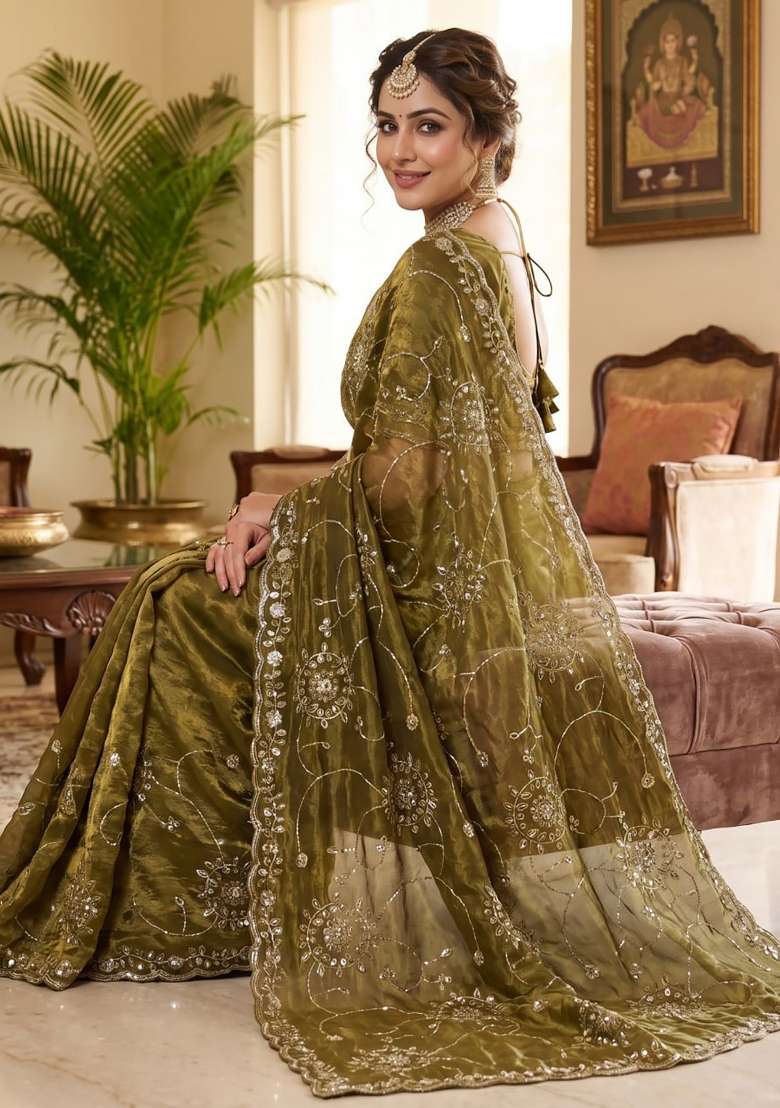 Mehendi Green Floral Print Silk Saree Set - Indya
