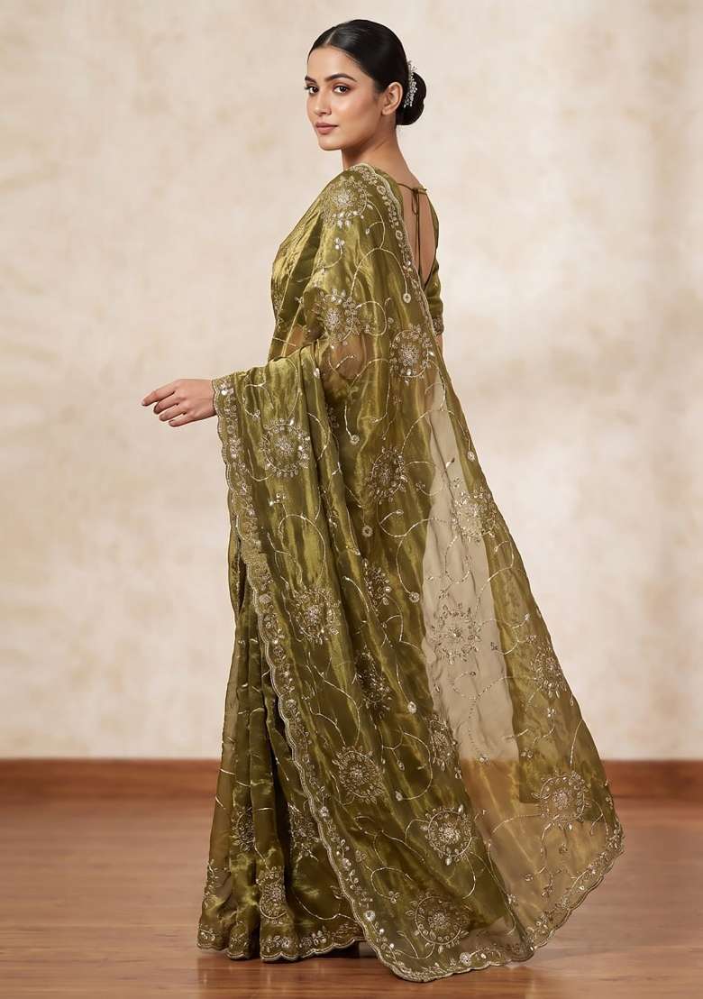 Mehendi Green Floral Print Silk Saree Set - Indya