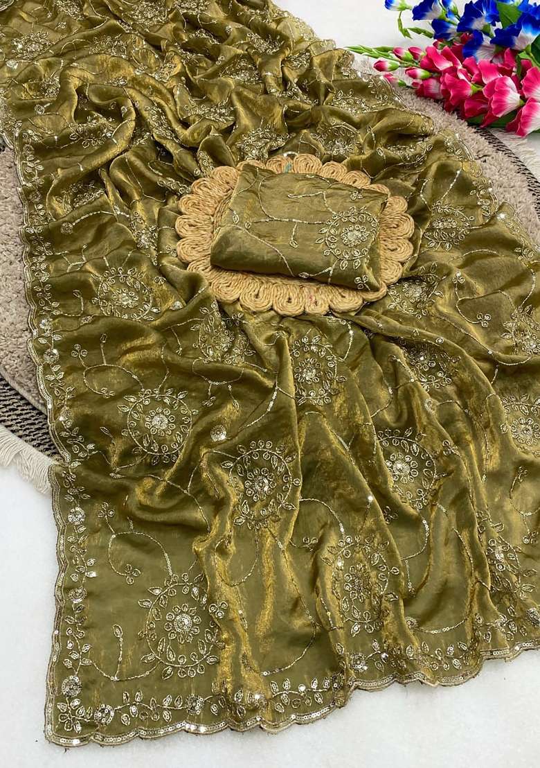 Mehendi Green Floral Print Silk Saree Set - Indya