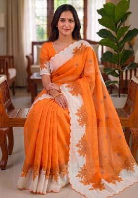 Orange Floral Print Linen Saree Set