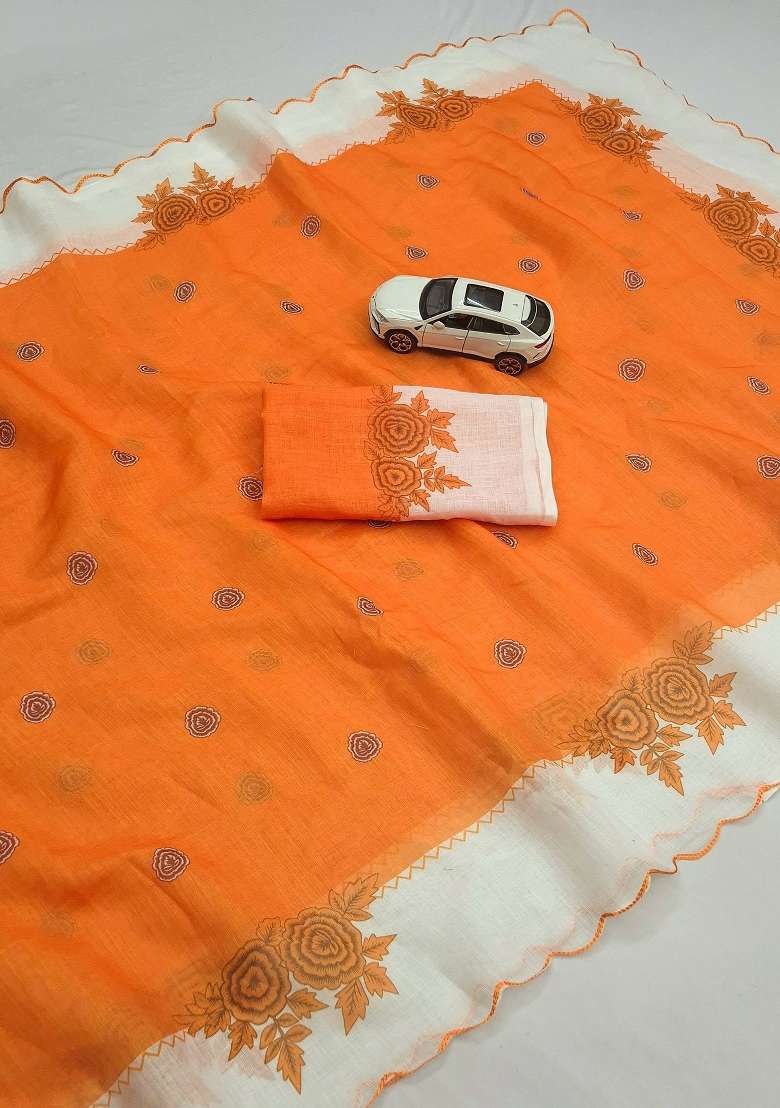 Orange Floral Print Linen Saree Set - Indya