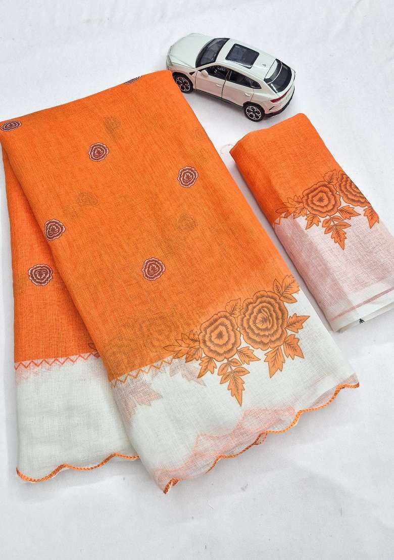 Orange Floral Print Linen Saree Set - Indya