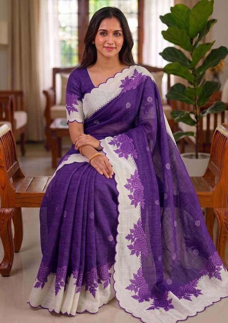 Purple Floral Print Linen Saree Set - Indya