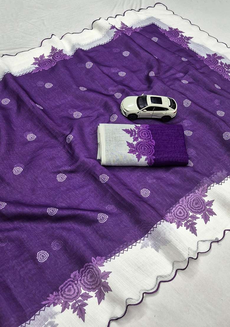 Purple Floral Print Linen Saree Set - Indya