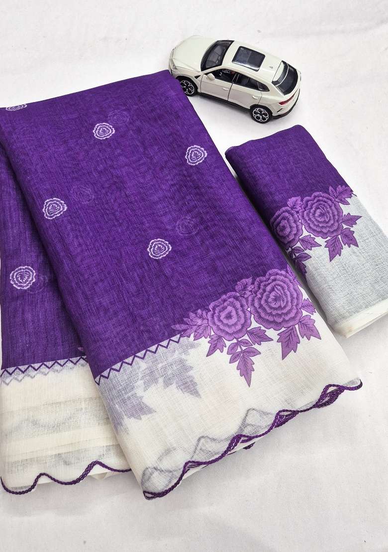 Purple Floral Print Linen Saree Set - Indya
