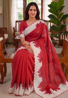 Red Floral Print Linen Saree Set