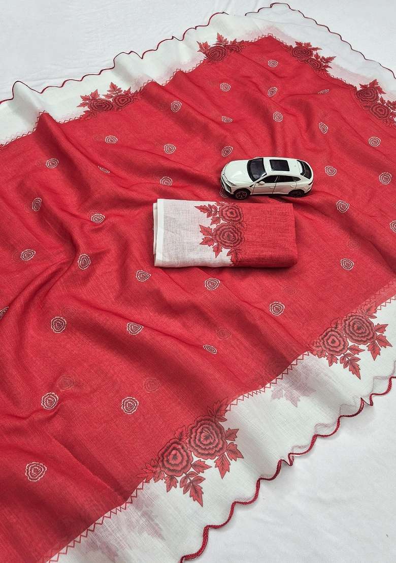 Red Floral Print Linen Saree Set - Indya