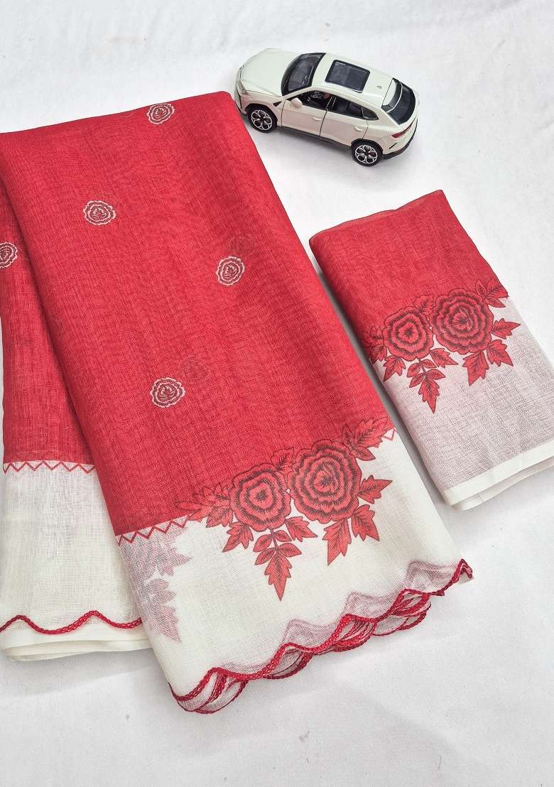 Red Floral Print Linen Saree Set - Indya