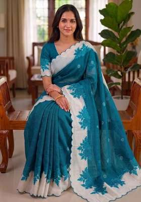Teal Blue Floral Print Linen Saree Set