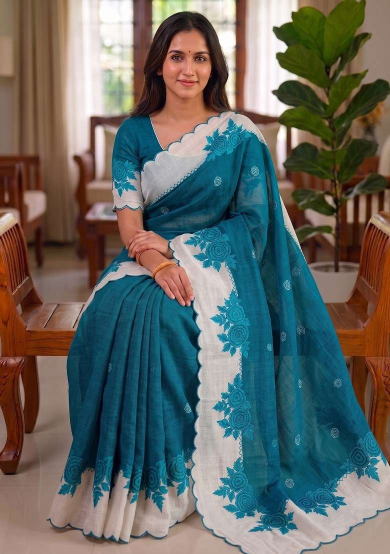 Teal Blue Floral Print Linen Saree Set - Indya