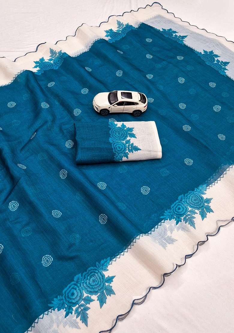 Teal Blue Floral Print Linen Saree Set - Indya
