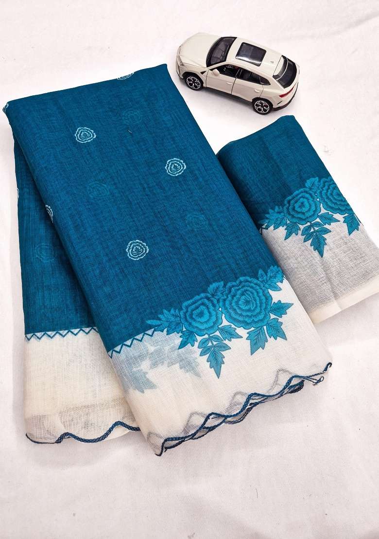 Teal Blue Floral Print Linen Saree Set - Indya