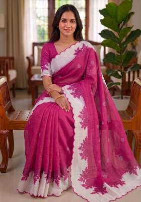 Magenta Pink Floral Print Linen Saree Set