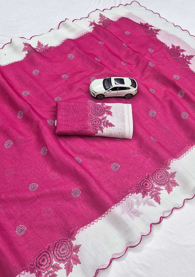 Magenta Pink Floral Print Linen Saree Set - Indya