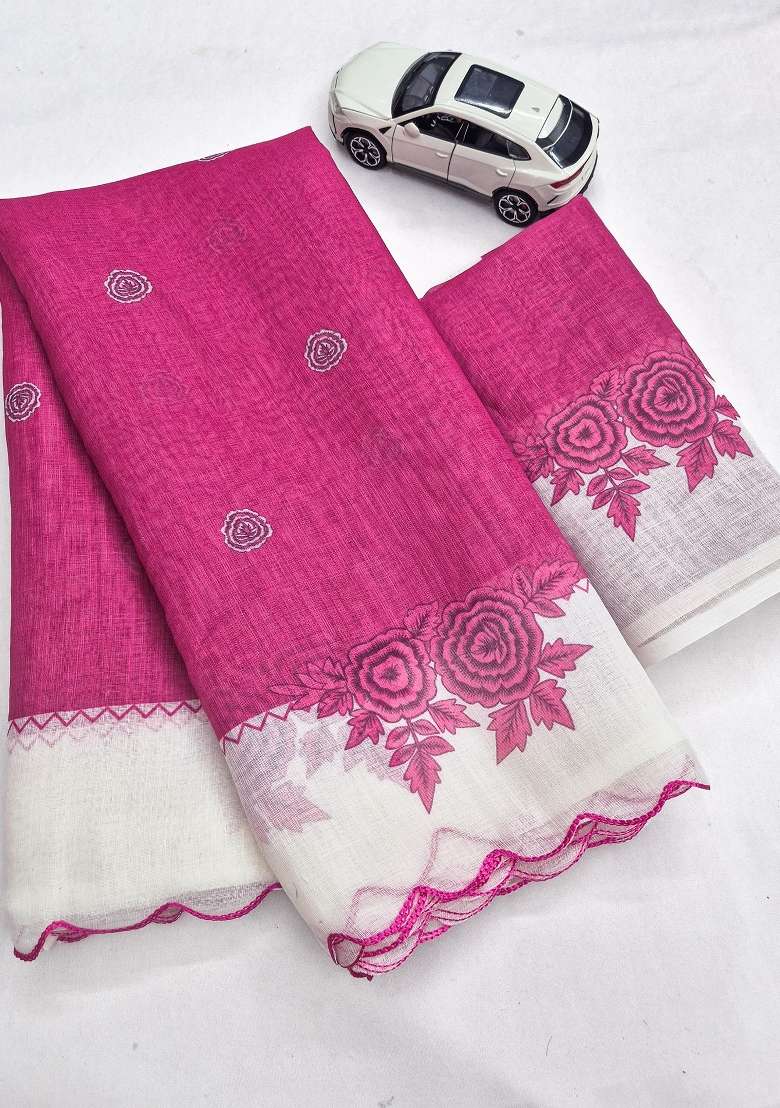 Magenta Pink Floral Print Linen Saree Set - Indya