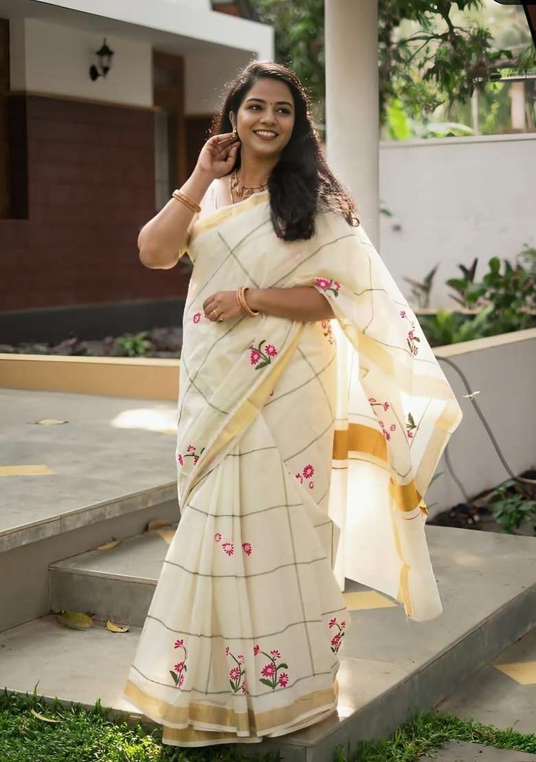 Cream Checked Linen Saree Set - Indya