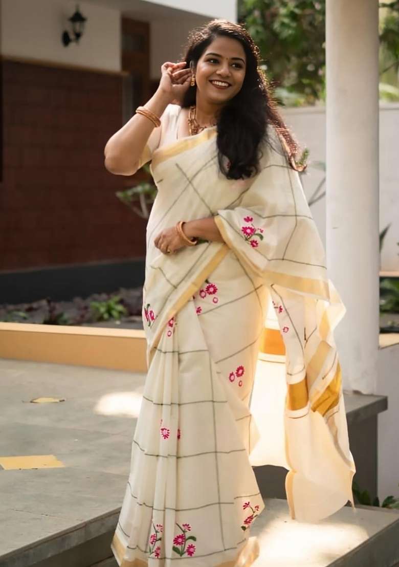 Cream Checked Linen Saree Set - Indya