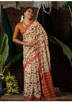 Cream Folk Art Linen Saree Set