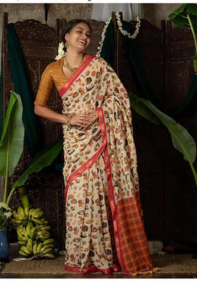 Cream Folk Art Linen Saree Set - Indya