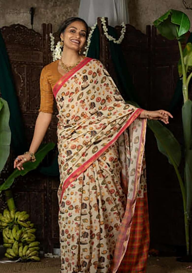 Cream Folk Art Linen Saree Set - Indya