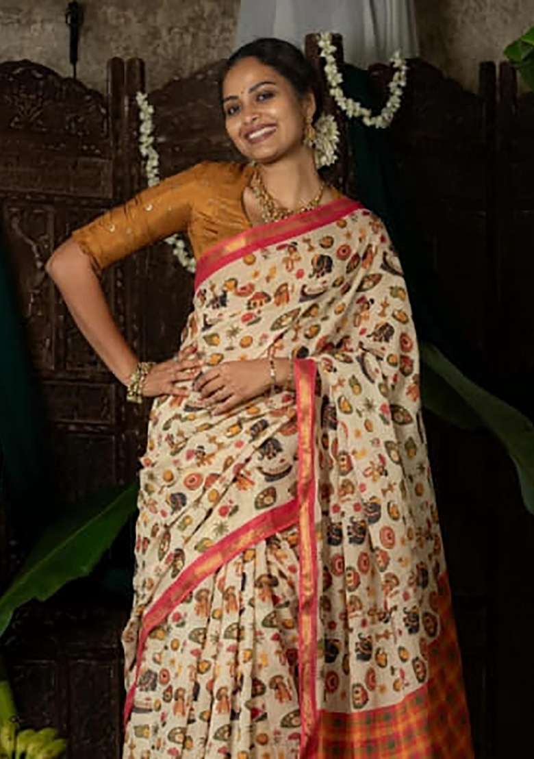 Cream Folk Art Linen Saree Set - Indya