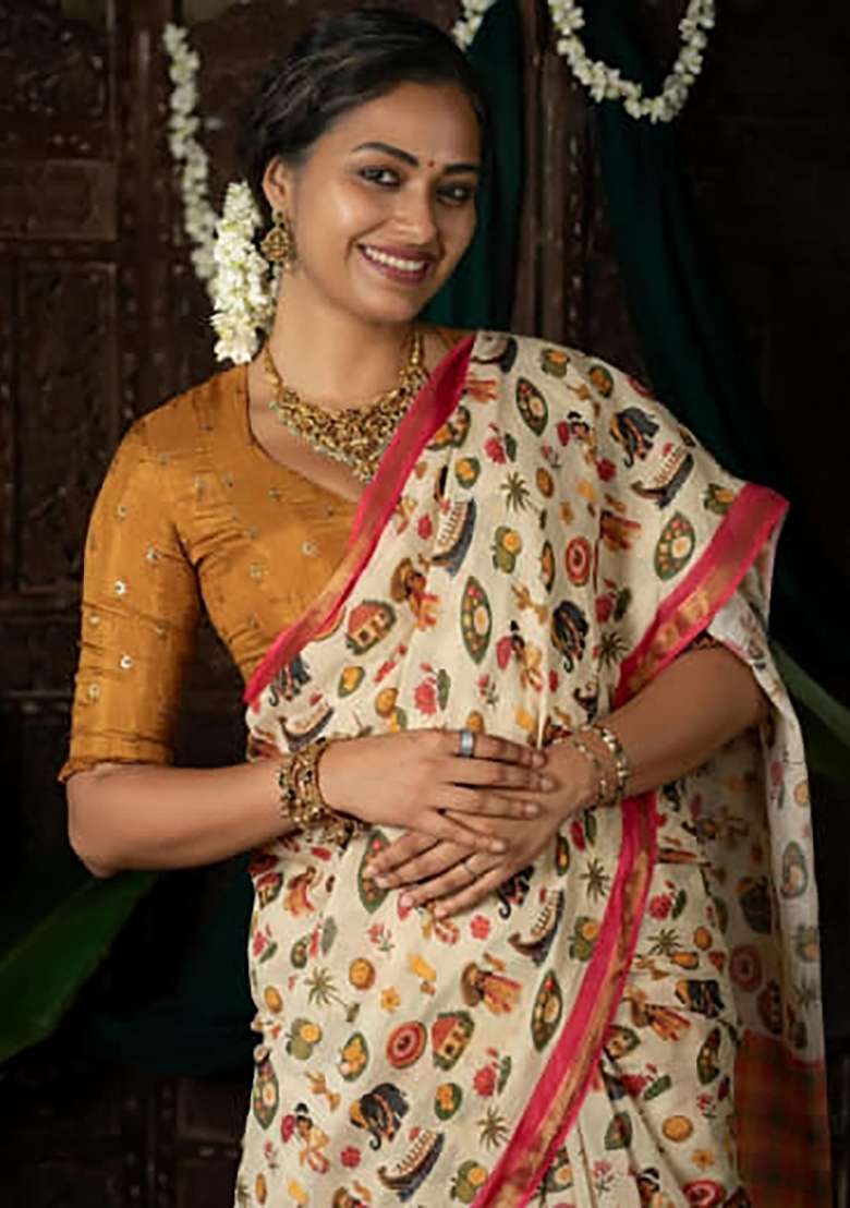 Cream Folk Art Linen Saree Set - Indya