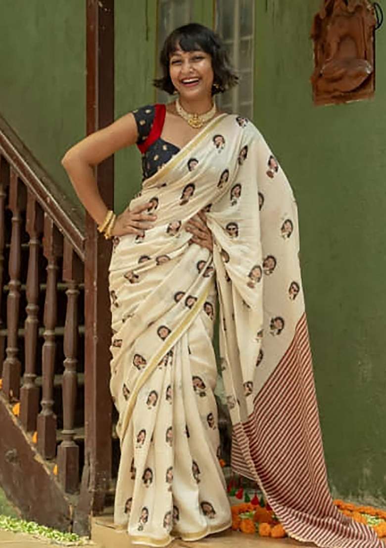 Cream Folk Art Linen Saree Set - Indya
