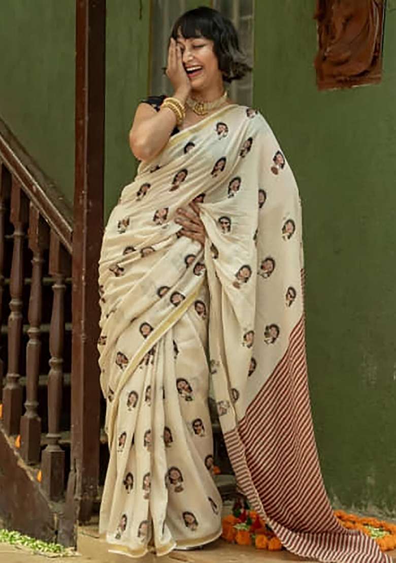 Cream Folk Art Linen Saree Set - Indya